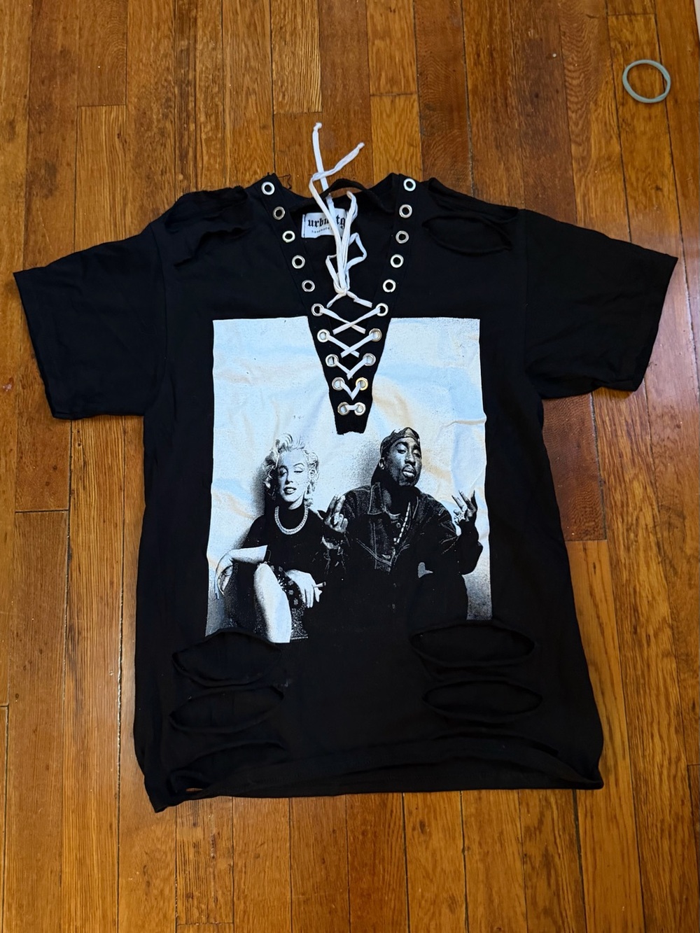 Urban Edge Black Lace-Up Graphic Tee with Marilyn & Tupac Print